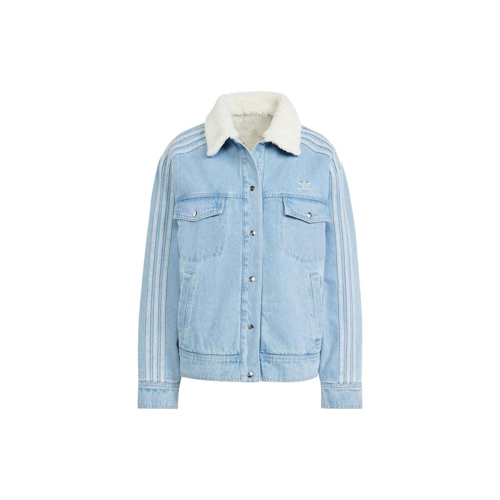 Adidas Originals Spicy Girl Trefoil Patchwork Velvet Denim Jacket Women Outerwear Light-Blue IS5250
