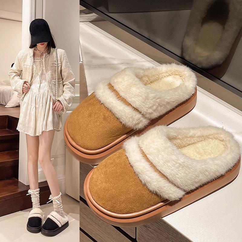Fur Slippers For Women Winter Fluffy Fashion Warm Thick Sole Plush Cozy Slides For Home Indoor Platform Shoes
