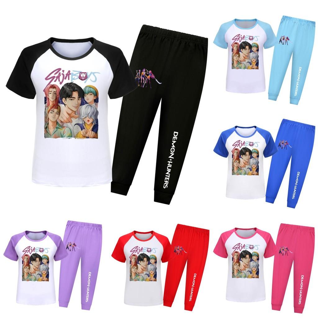 Kpop Охотники на демонов Саджа Мальчики Узор Рубашка с коротким рукавом Длинные брюки Пижамный костюм