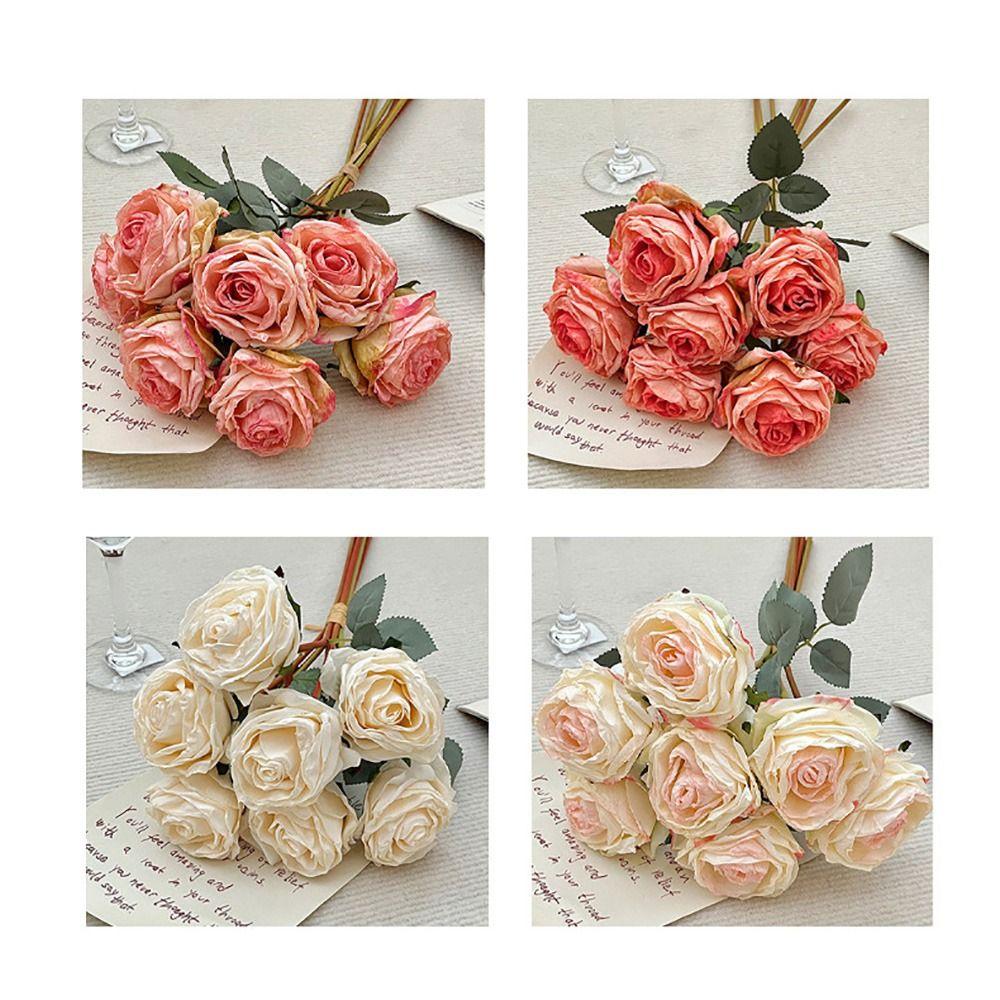 7PCS/Bundle 7 Head Rose Artificial Flower Silk Petals Faux Flower Desktop Ornament