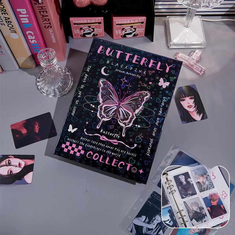 Y2K American Retro Pink Black Butterfly Idol Card Альбом Эстетическая лазерная обложка Girl Kpop Фотокарта Сборник Книга 3 дюйма