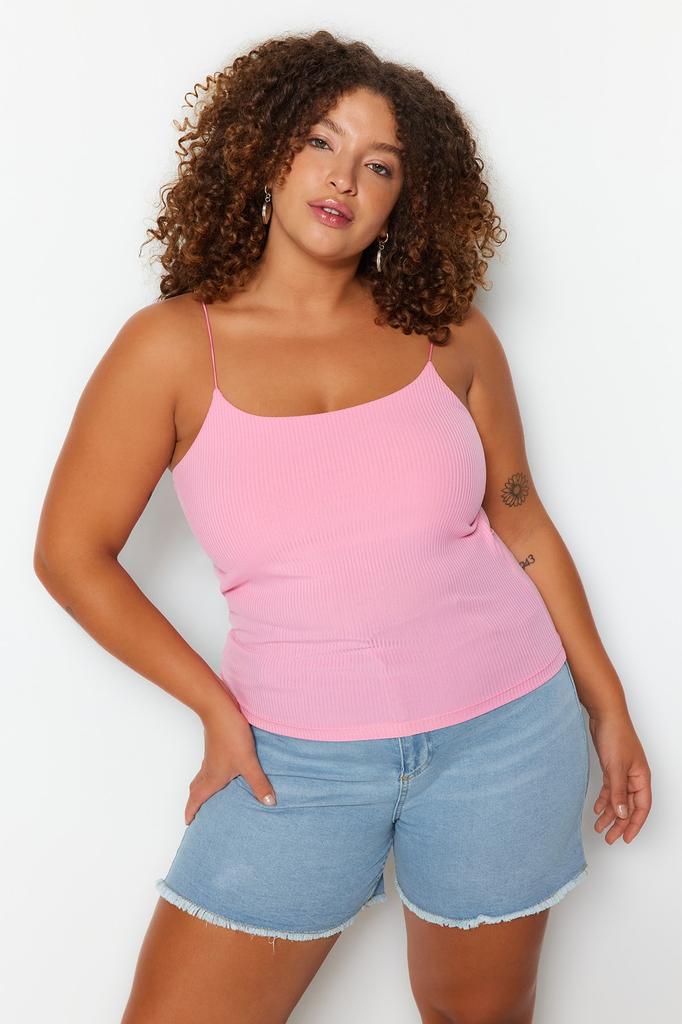 Women's Style Plus Size Pink Strap Crop Knitted Blouse