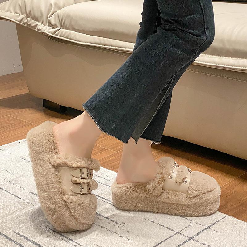 Belt Buckle Fluffy Slippers Women Wear Autumn and Winter Thick-bottomed Bag Head Indoor Cotton Slippers Women