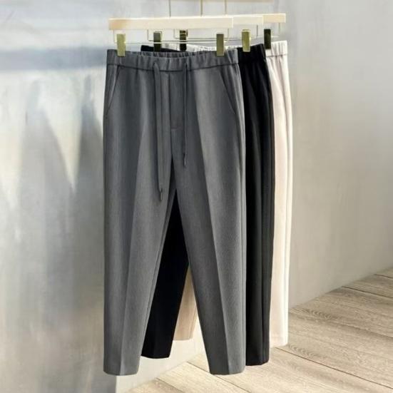 Men Suit Pants Drawstring Elastic Waist Straight Leg Solid Color Loose Formal Business Style Office Wear