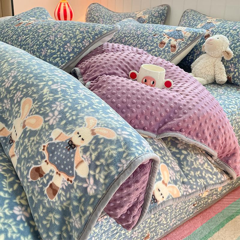 Thickened Milk Fleece Bed Cover Four-Piece Warm Bean Fleece Quilt Cover Coral Fleece Bedding Fleece