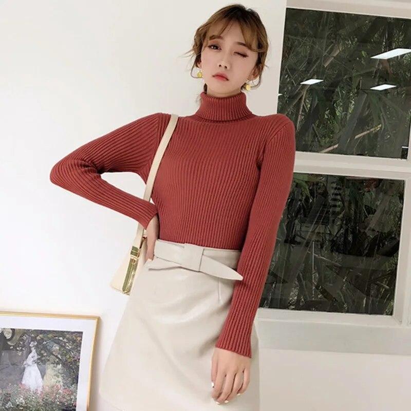 Women's Sweaters Slim Soft Long Sleeve High Neck Knit Pullover Slim Stretch Sweater Tops