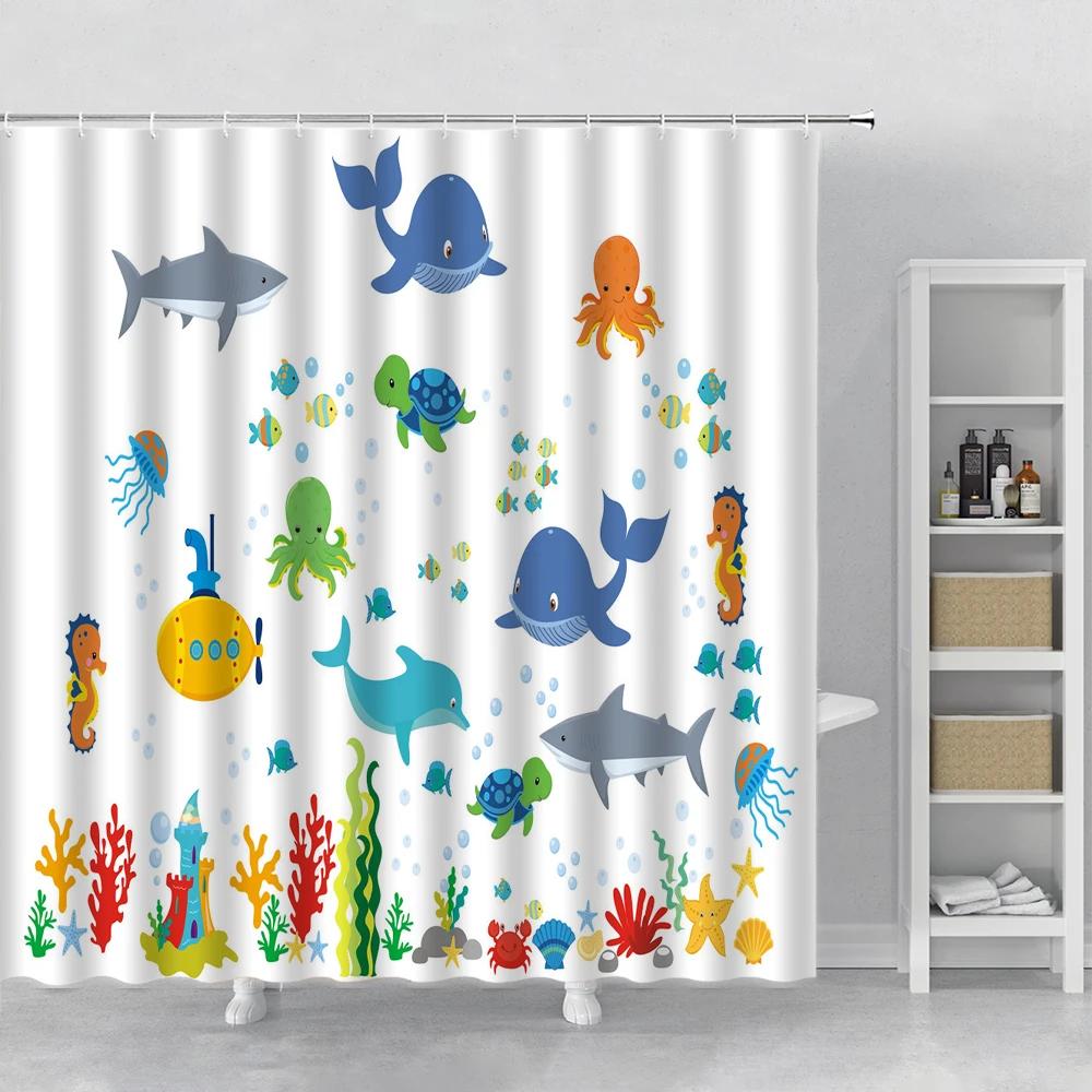 Cartoon Shower Curtain Cute Dolphin Fish Animal Zoo Giraffe Tiger Printing Bathroom Curtains Kids Room Decor Curtain with Hooks
