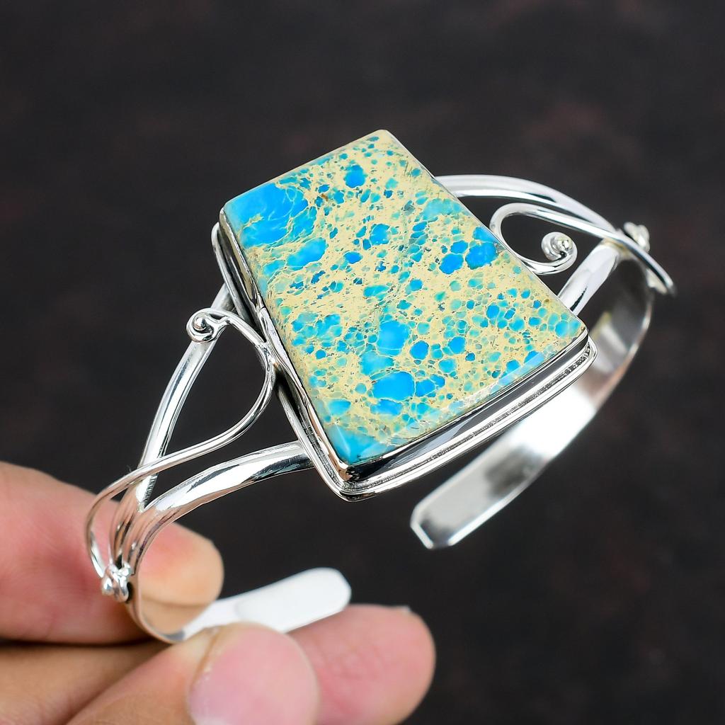 Blue Sea Sediment Jasper Cuff Bracelet 925 Sterling Silver Adjustable Bangle Handmade Jewelry Natural Gemstone Cuff Bracelet Gifts For Wife