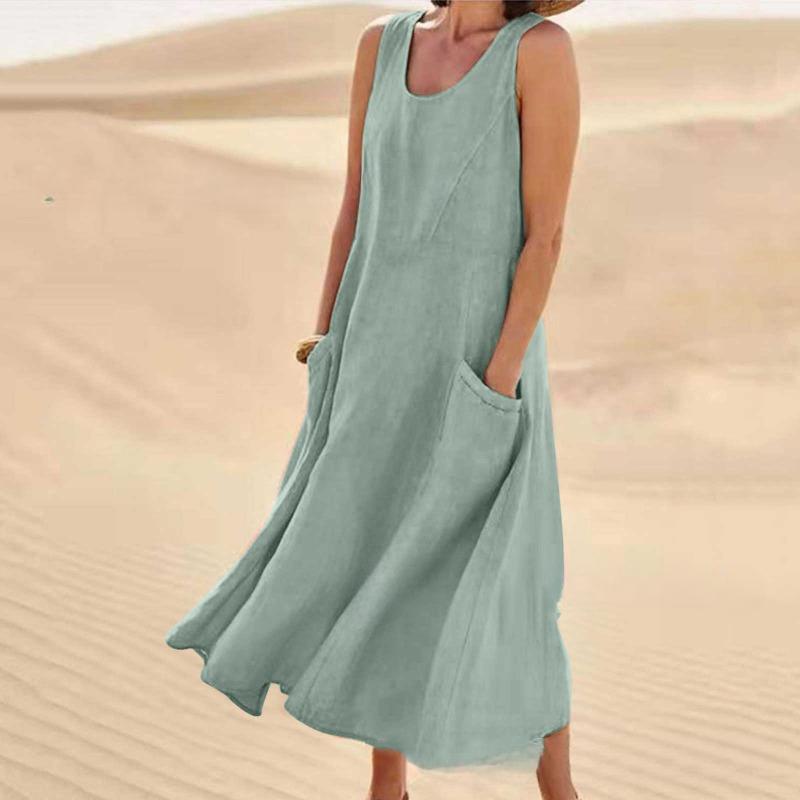 Летнее женское платье из хлопка и льна без рукавов с круглым вырезом и карманами