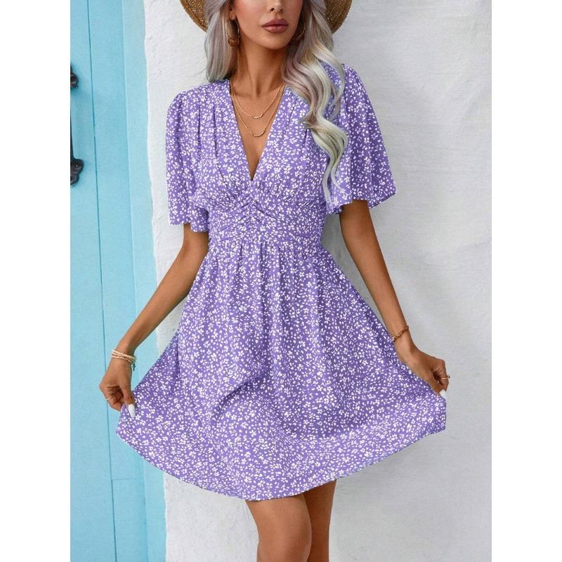 YYFS Women's Fashion Summer Spring Flower Pattern Print Short Sleeve V-Neck High Waist Casual Dresses