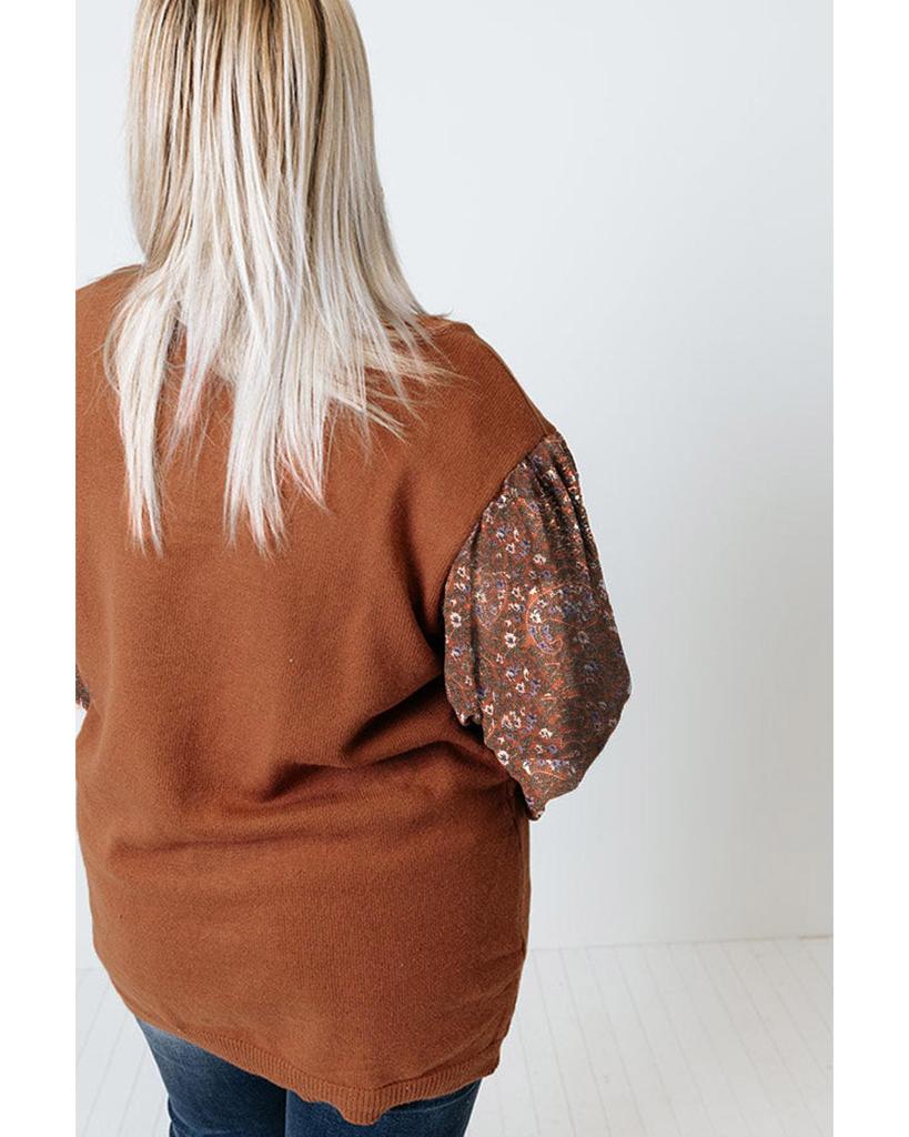 Azura Exchange Коричневый свитер размера плюс с принтом и ребристыми рукавами