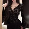 Women Clothing Sexy Hollow Lace Bandage Deep V Neck Basic T Shirt Korean Female Sweet Black Long Sleeve Skinny Club Cropped Tops