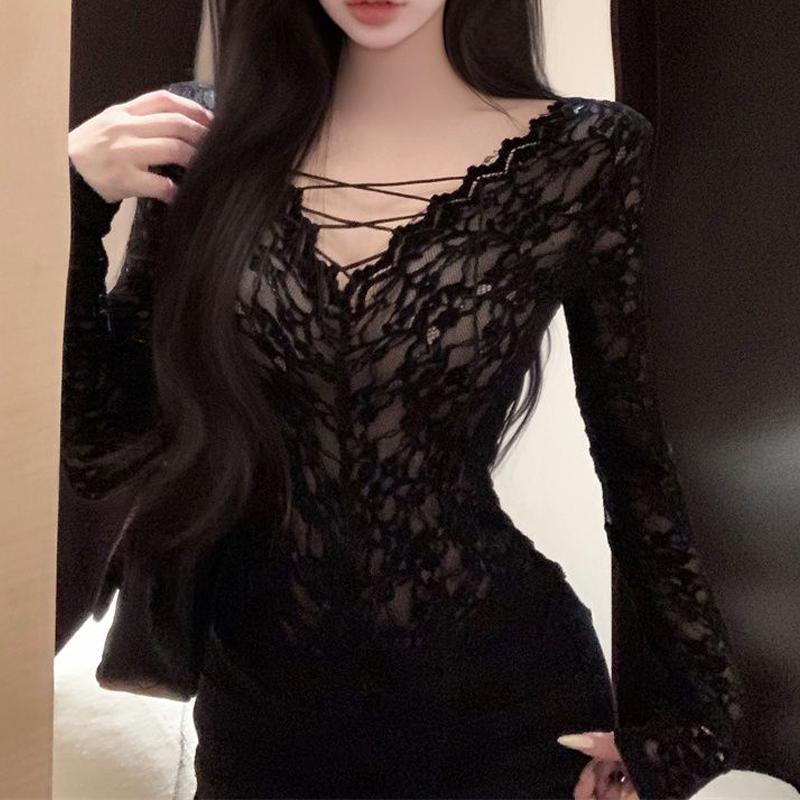 Women Clothing Sexy Hollow Lace Bandage Deep V Neck Basic T Shirt Korean Female Sweet Black Long Sleeve Skinny Club Cropped Tops