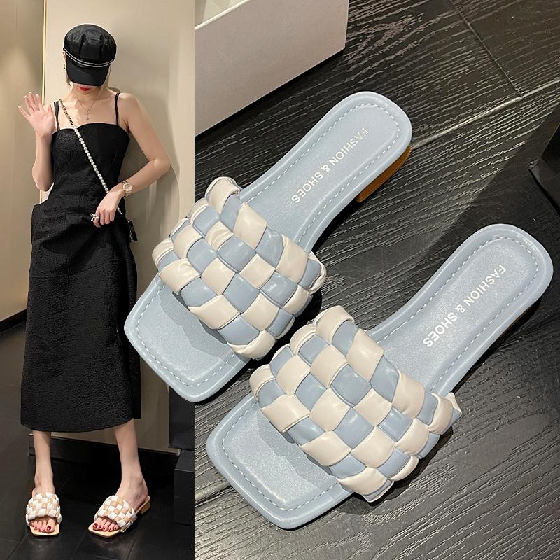 2024 New Summer Women's Slippers Fashion Woven Checkerboard Sandals Open Toe Women Sandals Square Toe Flat Casual Shoes Slippers