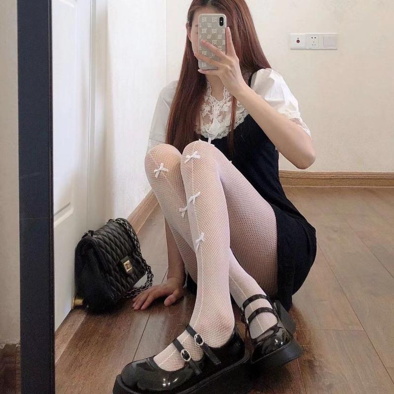 Women Stockings Pantyhose Hollow Out Transparent Slim Fishnet Pantyhose with Bow-knot