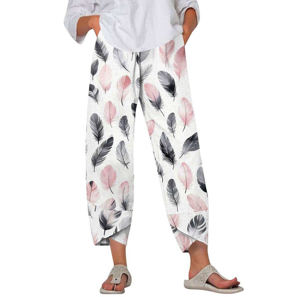 Брюки женские летние повседневные широкие брюки с эластичной резинкой на талии и принтом с карманами