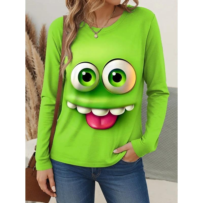 3D Топ с принтом забавного лица, повседневные женские футболки с длинным рукавом - Мягкая полиэстеровая ткань средней эластичности, одежда свободного кроя для весны и осени
