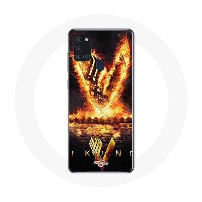 Чехол - Викинги - Galaxy A21S - Логотип V Огненный меч - Черный - Жесткая защита