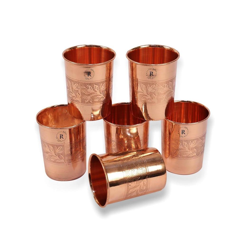 Pure Copper Water 6 Glass Set Hand Made | With Beautifully Embosed Engraving Design | Drinkware with Ayurvedic Health Benefits