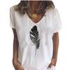 Fashion Spring  Feather Print Blouses Short Sleeved V-Neck T Shirts Casual