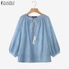 Women Casual Round Neck 3/4 Sleeve Loose Crochet Blouse
