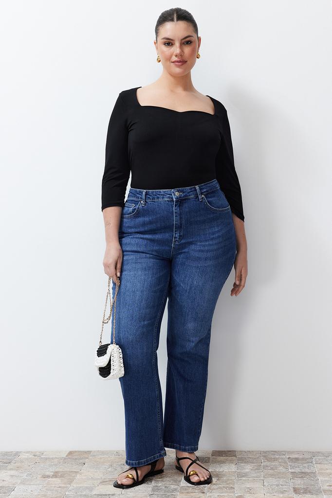 Women's Fashion New Plus Big Size Blouse Black Sweetheart Neckline Fitted Knitted Blouse