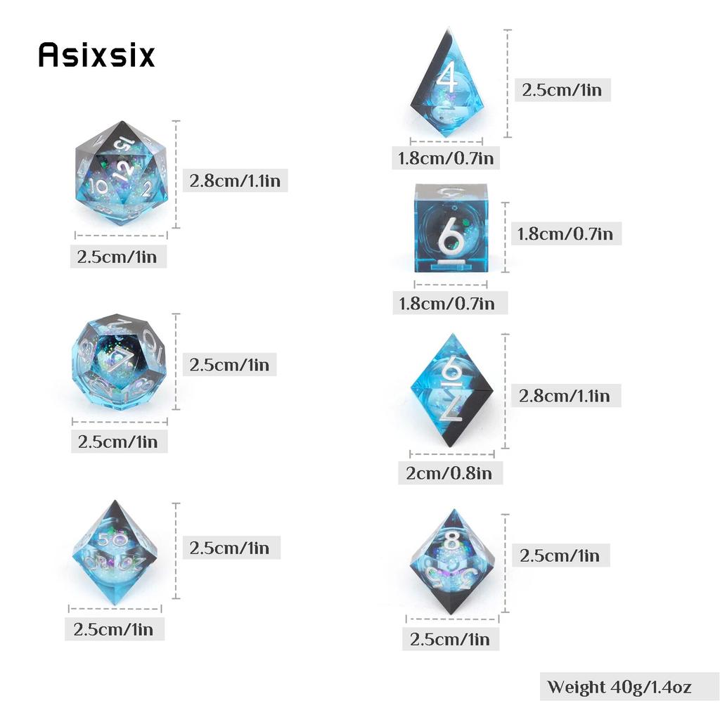 7 Pcs Blue Flowing Sand White Number Sharp Edge Resin Dice Polyhedral Dice Suitable for Role-Playing RPG Board Game