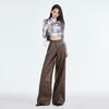 Осенние новые американские горячие девушки делают старые цветы коричневые повседневные брюки женские с высокой талией свободные широкие кожаные брюки