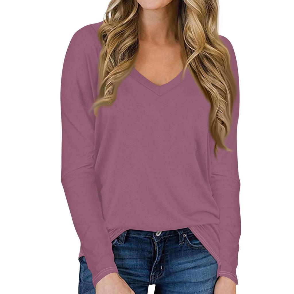 Женская повседневная однотонная футболка с длинными рукавами и V-образным вырезом, топ, пуловер