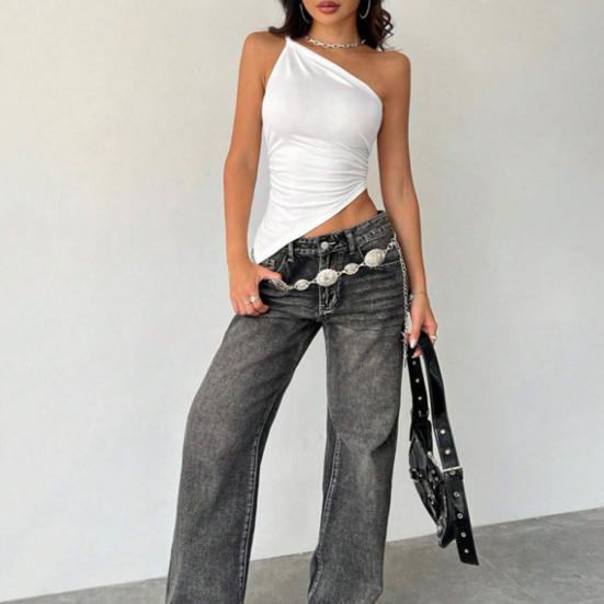 Women Tops Irregular Hem Elastic Slanted Collar One-Shoulder Slim Fit Solid Color Summer Tops