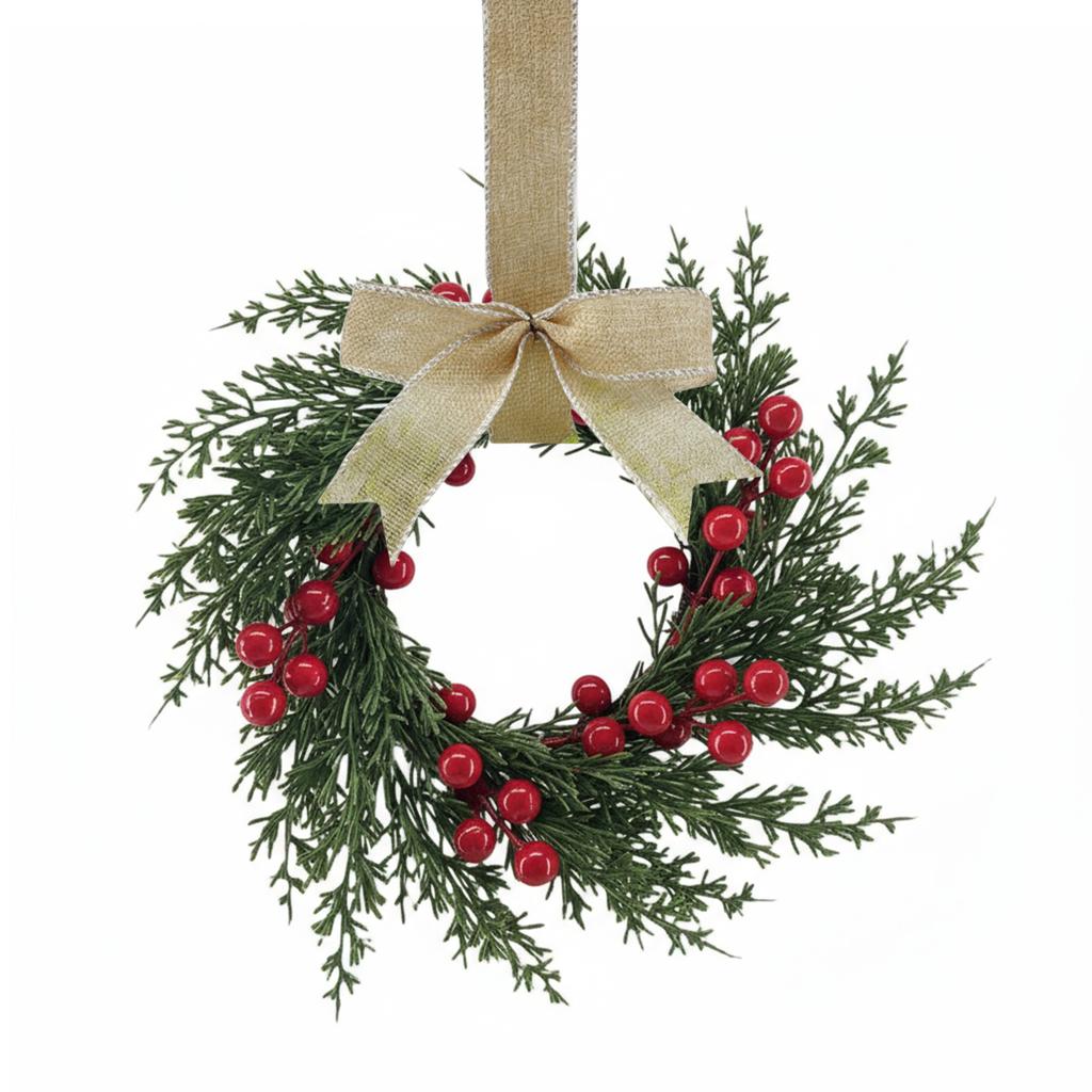 10 Inch Mini Christmas Wreaths Kitchen Cabinet Small Xmas Wreath with Bow Ribbon for Window Door Chair Fireplace Hanging Decor