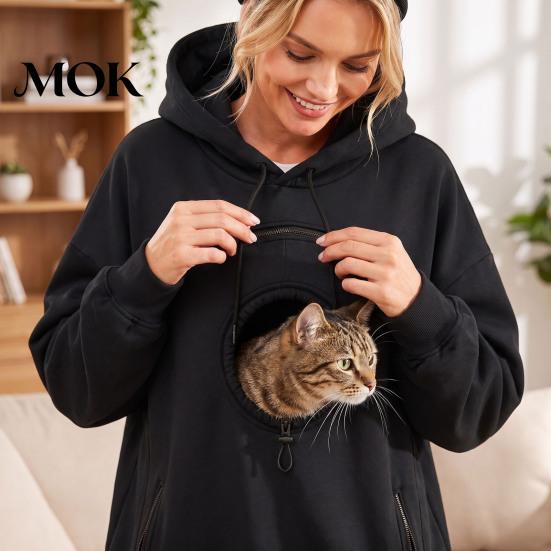 Casual Winter Hoodie Women Pet Pouch with Head Hole, Oversized Hooded Sweatshirt Puppy Zipper Pockets, Dog Cat Carrying Pullover Top for Fall