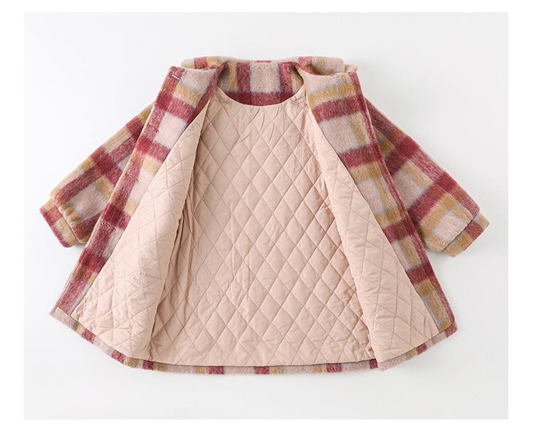 Girls' 2025 Mid-Length Plaid Wool Coat - Thickened for Autumn/Winter Warmth