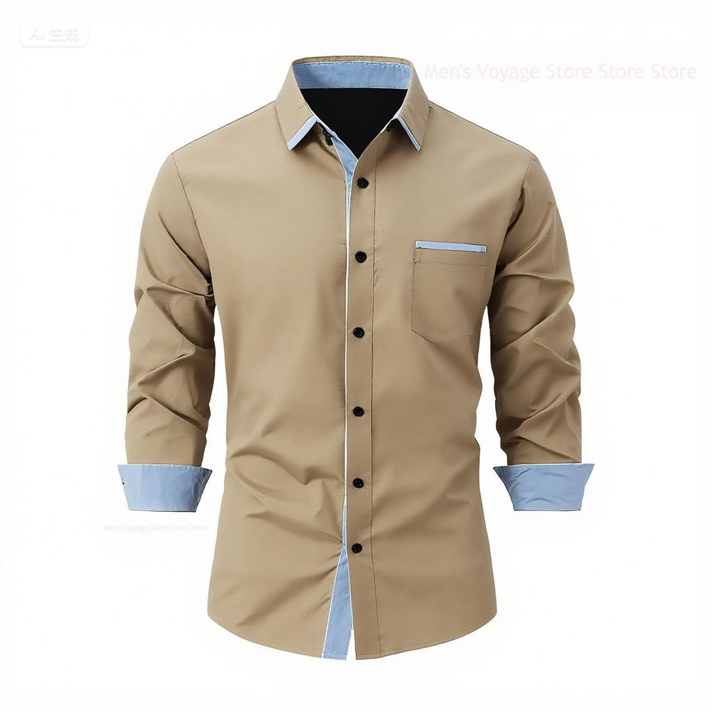 2025 Модная мужская рубашка с четырехсторонней эластичностью, мужская рубашка в стиле колор-блок, деловая, приталенная, с длинным рукавом, рубашка высокого класса