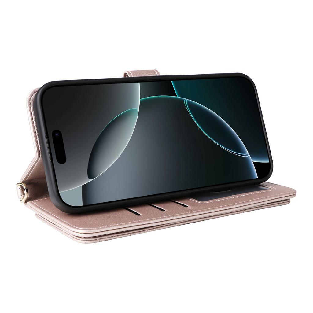 For iPhone 16 Pro Max Wallet Case with Shoulder/Wrist Strap Leather Phone Cover Stand