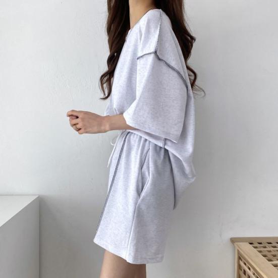 2 шт./компл. женский летний спортивный костюм с круглым вырезом и половиной рукавов, свободный топ с завязками, высокая эластичная талия, однотонный