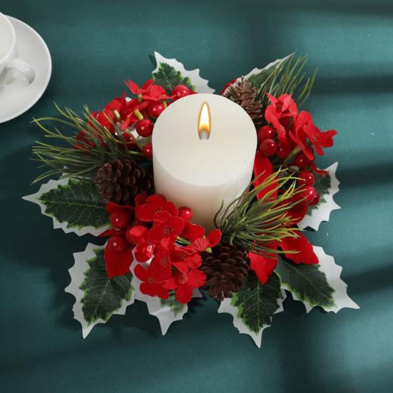 Christmas Candle Ring Mini Pine Leaf Candle Wreath Festive Seasonal Candle Holder Ring Farmhouse Holiday Decor