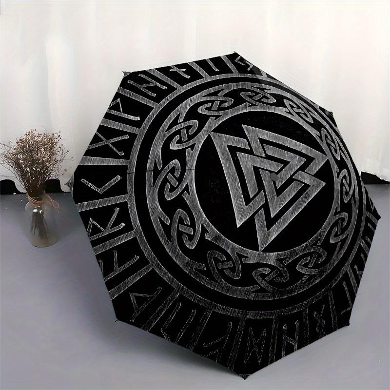 Valknut, Norse Automatic folding umbrella simple eight rib design, bright color pattern, durable iron frame, ideal for travel and outdoor,