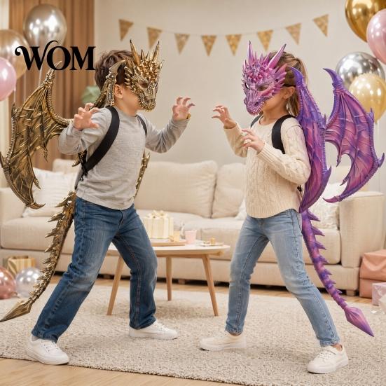 Dragon Mask And Wings Combo Children's Costumes Set, with Tail Wing, Lightweight Set Dress Up Cosplay Costumes, for Ages 3-12 Halloween Party