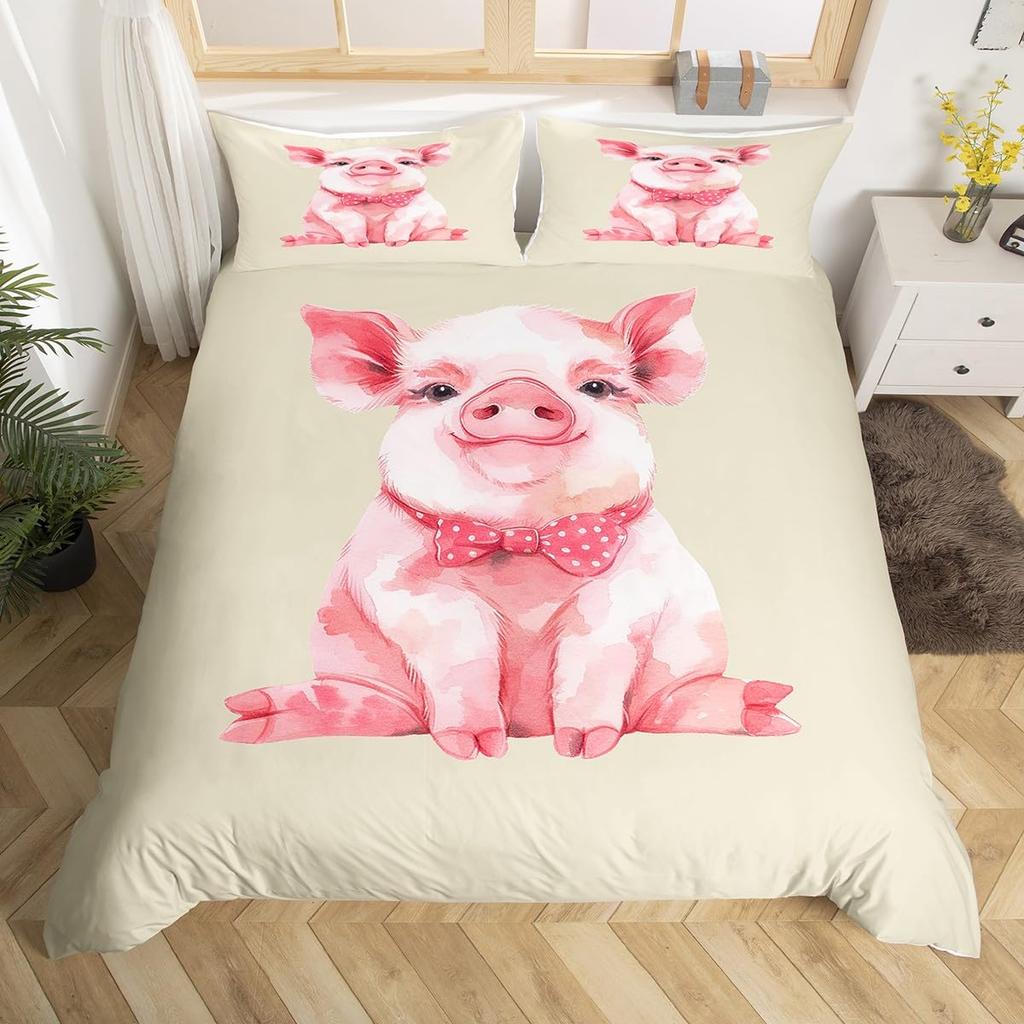 Pink Pig Bedding Set King Queen Sleeping Pig Duvet Cover For Kids Boys Girls Kawaii Animals Comforter Cover With 2 Pillowcases