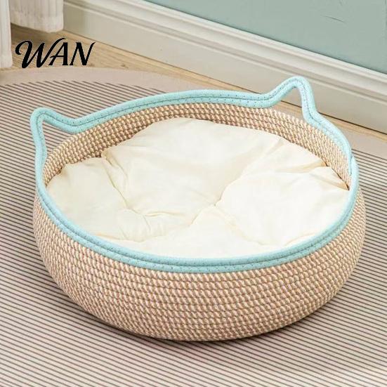All Season Cat Bed Basket with Cushion Cotton Rope Handwoven Pet Spacious Breathable Ear for Indoor Cats Stretch Space