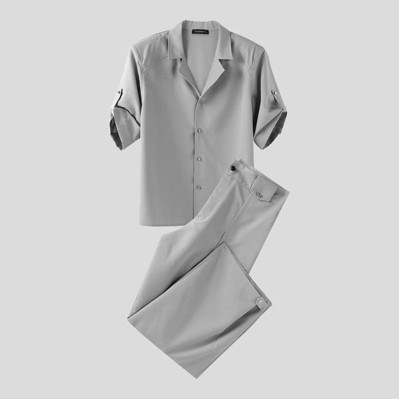 INCERUN 2PCS Men Outfits Lapel Neck Short Sleeve Buttons Shirt Long Straight Pants Sets