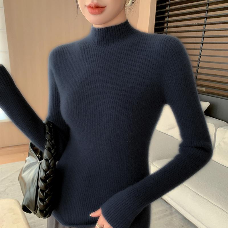Women's Angora Red Slim-Fit Cashmere Sweater: New Autumn/Winter Style, Thickened Half-High Collar.