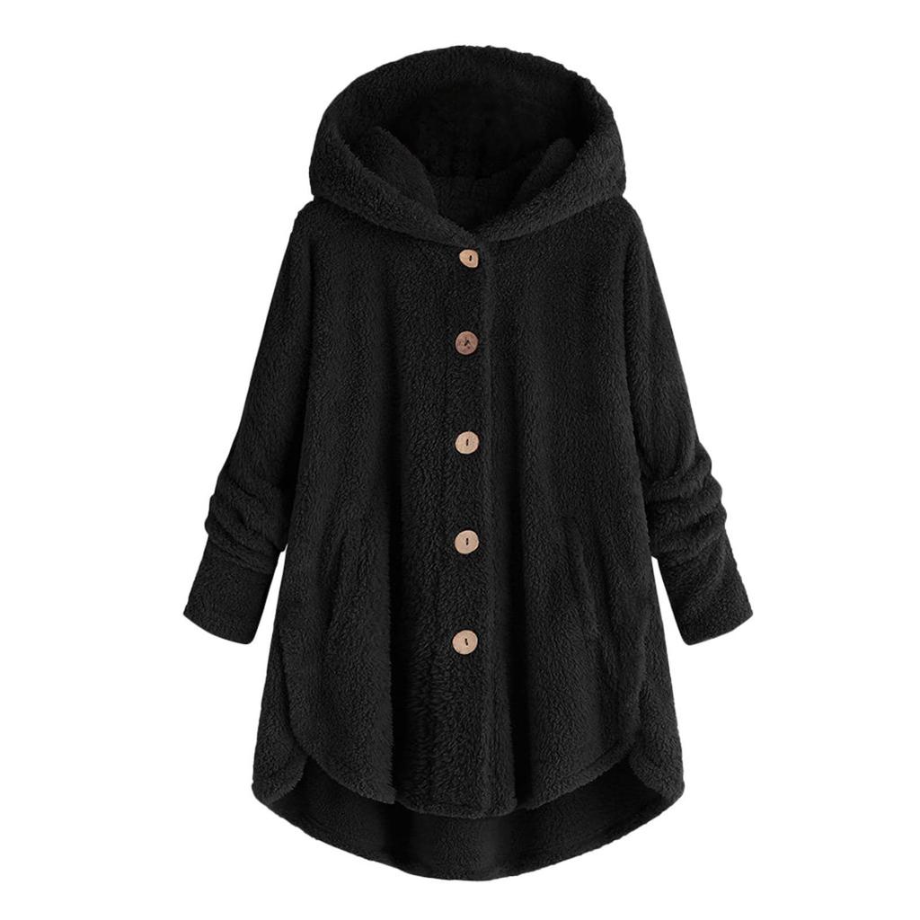 Women's Fashion Solid Color Pocket Button Hooded Loose Casual Plush Jacket