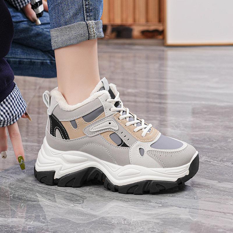 Женские зимние ботинки на толстой платформе, нескользящие, на шнуровке, короткие ботильоны, с подкладкой из искусственного меха, зимние теплые кроссовки для ходьбы с флисовой подкладкой для женщин