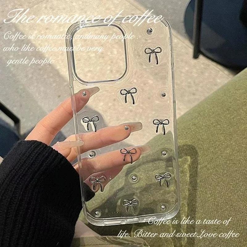 INS Japan Korea 3D Silver Bowknot Phone Case For iPhone 16 Pro Max 15 14 13 12 11 X XS XR 7 Plus Girl Epoxy Clear Glitter Cover