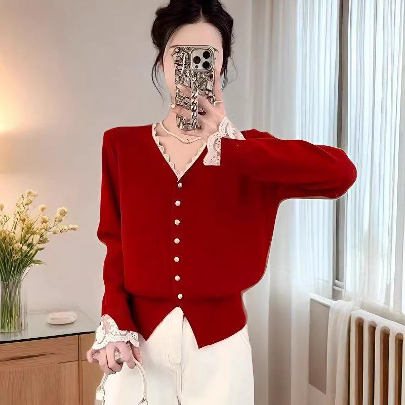 Женский корейский вязаный кардиган с кружевом в стиле пэчворк с V-образным вырезом: Новый свободный крой для осени/зимы 2025 - Универсальный свитер-пальто для ношения под верхней одеждой