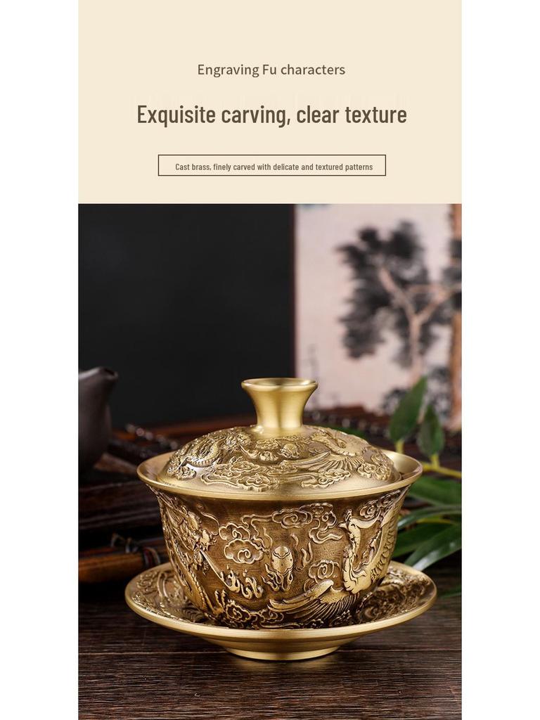 Антикварный набор чайных чашек из латуни: Мотив Дракона и Феникса с бронзовыми украшениями, коллекция из 3 предметов