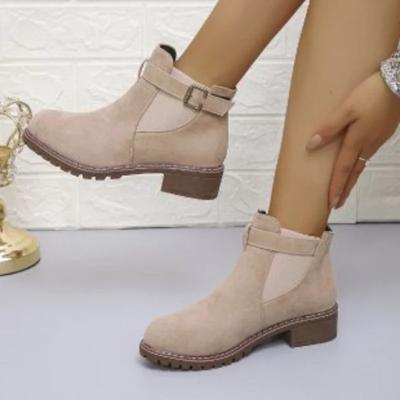 2024 Горячая Распродажа Туфли Женские Ботинки С Пряжкой Женские Осенние Ботинки С Круглым Носком Однотонные Флоковые Короткие Ботинки На Массивном Каблуке Ретро Лаконичные Ботинки