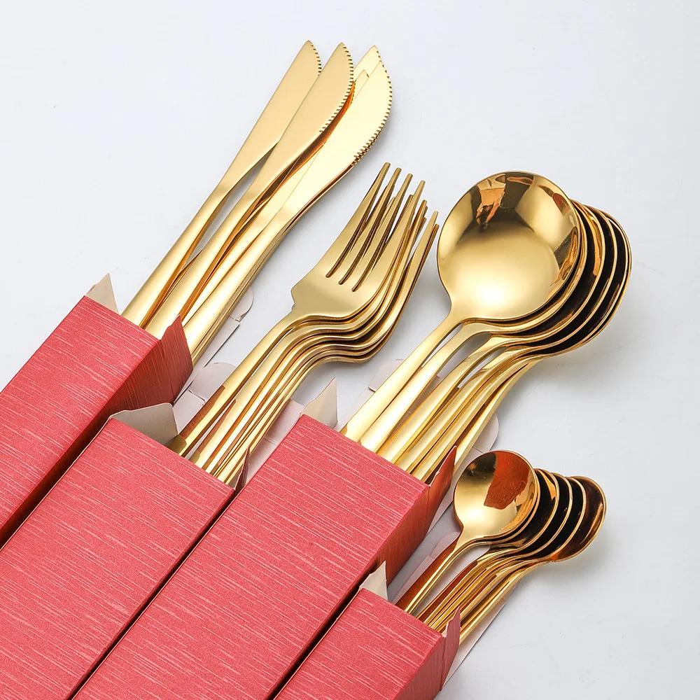 24 шт. набор столовых приборов из нержавеющей стали Blacak Gold, нож вилка и ложка в западном стиле, столовые приборы для ресторанов с подарочной коробкой, подходит для подарков